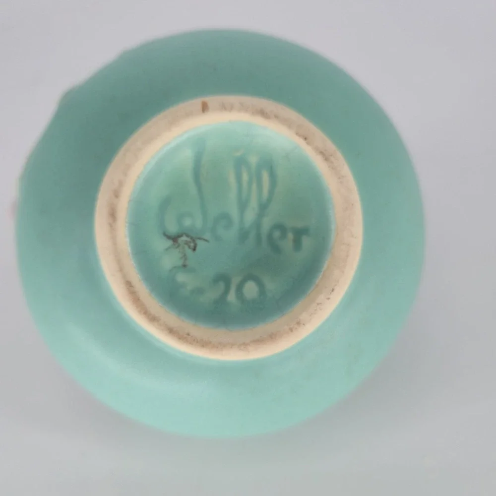 Vintage Weller Bouquet F-20 Turquoise Ball Pitcher Pink Floral Art Pottery 1930s